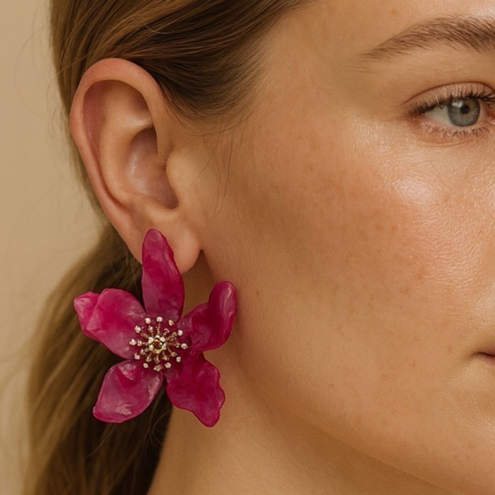 Bold Pink Floral Statement Earrings with Gold Accents
